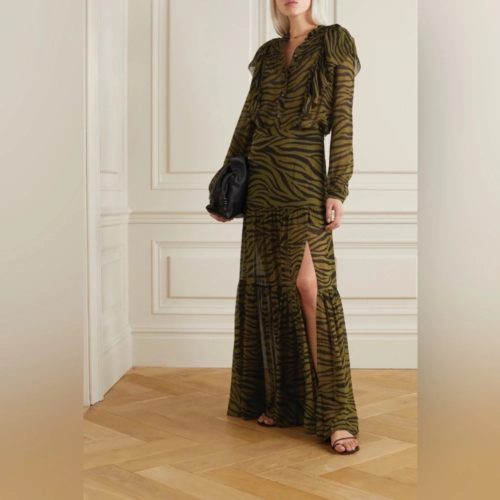 Veronica Beard Olive Green Serence Zebra Silk Maxi Thigh High Slit Skirt - Picture 12 of 12